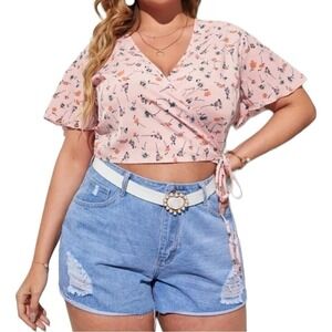 Shein Curve Floral Wrap Top Women's Pink Blouse Tie Flutter Sleeve Size 1XL